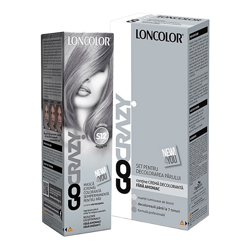 Set Loncolor GoCrazy Crema de Par Coloranta Semi-Permanenta S12 GoSilver, 100 ml si Crema de Par Decoloranta, 120 ml