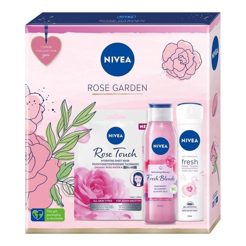 Set Nivea Rose Masca Servetel, Gel de Dus Zmeura 300 ml si Deodorant Spray Trandafiri 150 ml