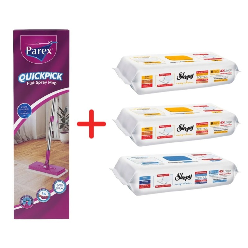 Set Promo QuickPick Mop Parex si 3x50 Lavete Umede Sleepy Easy Clean Mix