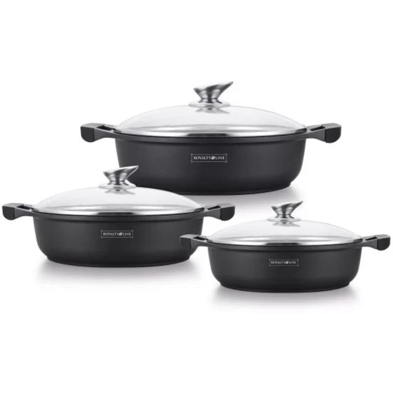 Set Tigai pentru Prajit, 26 / 30 / 32 cm, cu Capace din Sticla, Invelis de Marmura