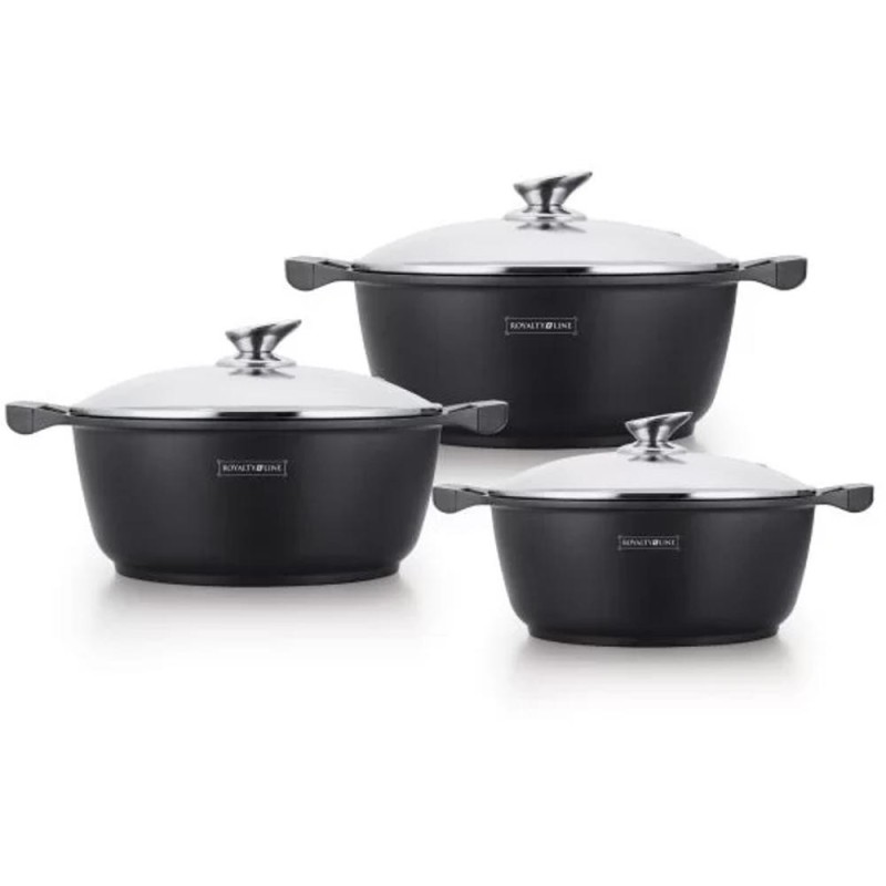 Set Vase si Capace Sticla, Royalty Line, 20 / 24 / 28,  6 Piese, Acoperire Antiaderenta, Negru