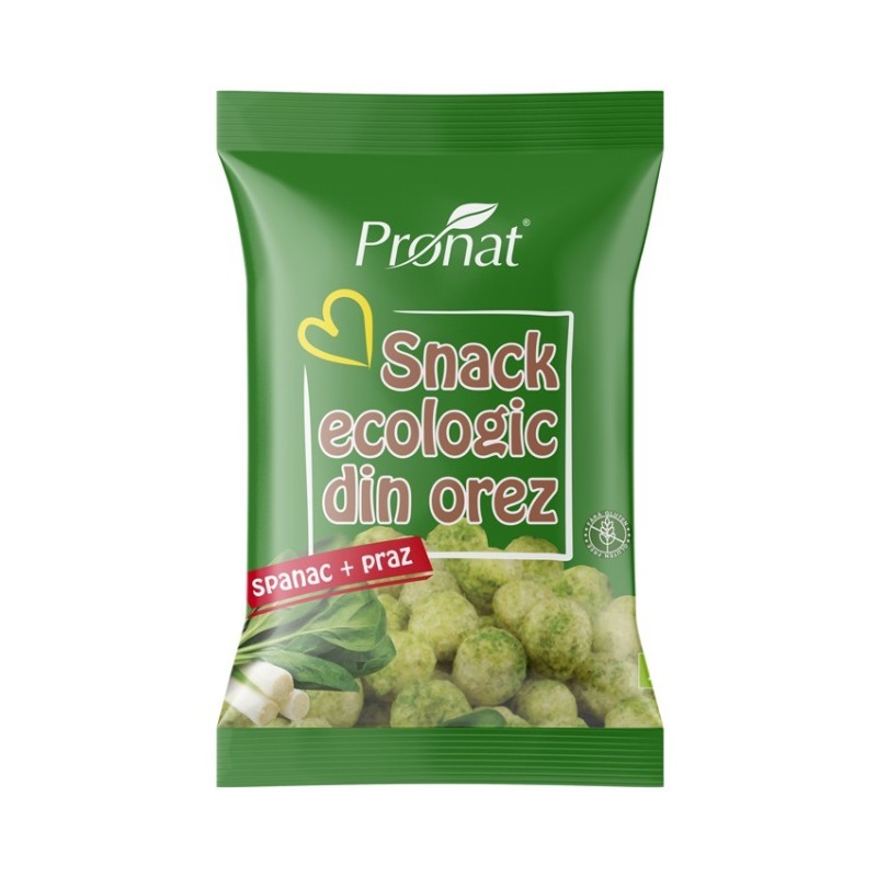 Snack din Orez cu Spanac si Praz, fara Gluten, Bio, 60 g, Pronat