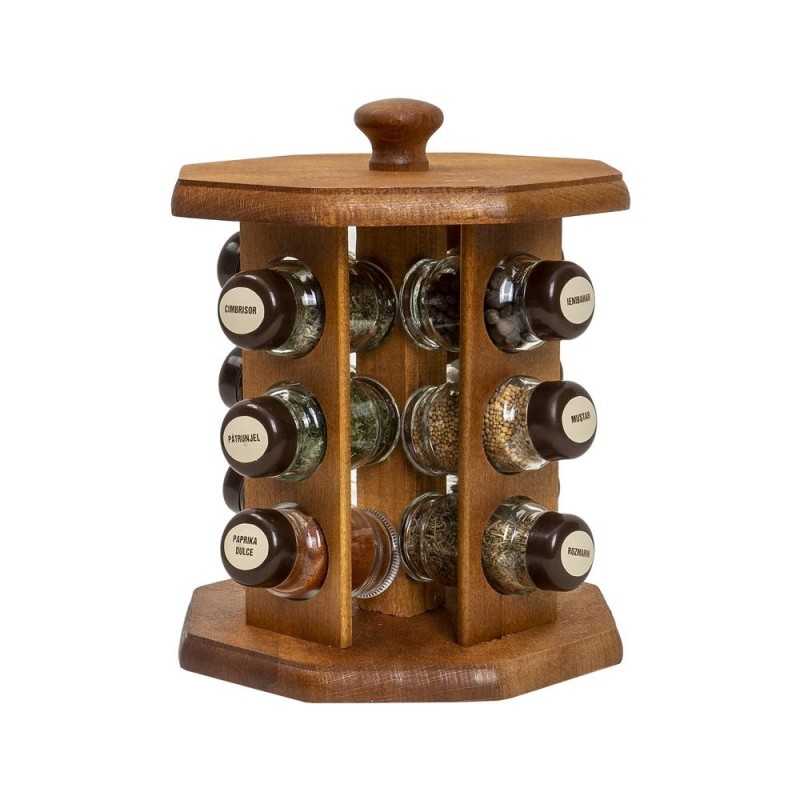 Suport din Lemn si 12 Sticle cu Condimente