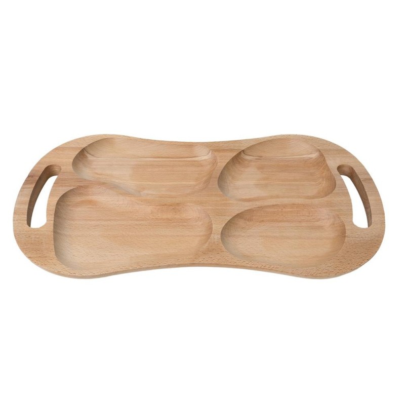 Tava Asimetrica pentru Servire, cu Manere, din Lemn de Fag, 4 Compartimente, 60 x 33 cm