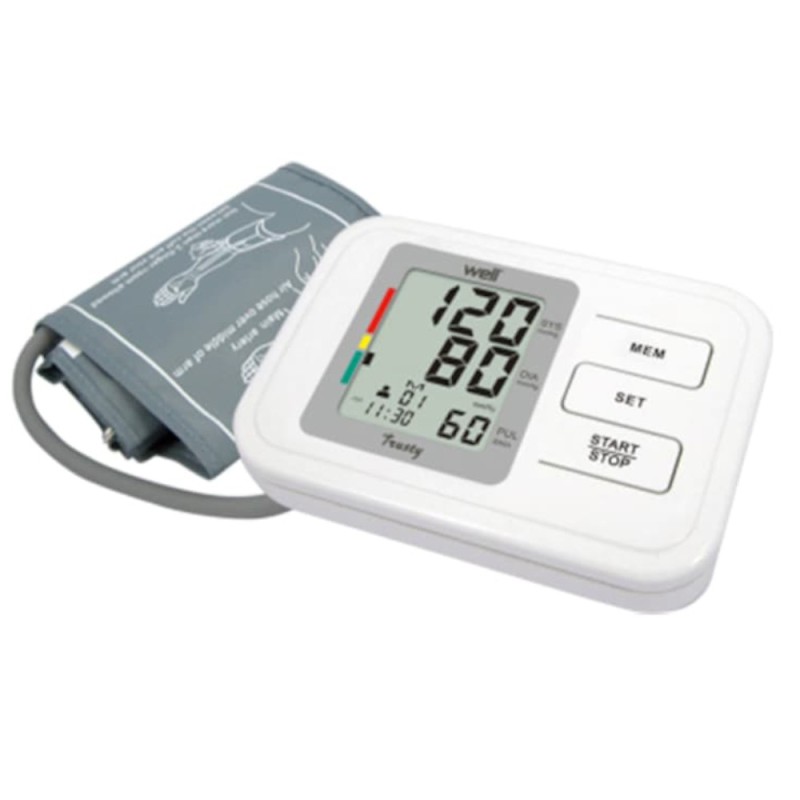 Tensiometru Electronic de Brat Well, 0mmHg-299mmHg, 40-180 bpm, Afisaj XXL, 60 memorii, indicator baterie, Alb