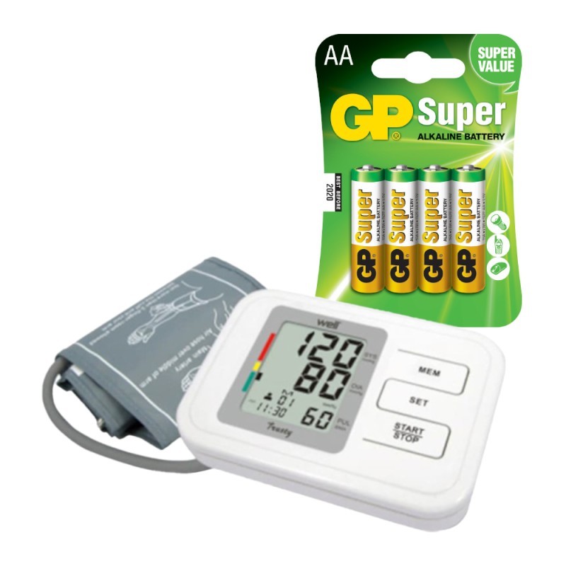 Tensiometru Electronic de Brat Well, 0mmHg-299mmHg, 40-180 bpm, Afisaj XXL, 60 memorii, Indicator Baterie, Alb si 4 Baterii AA