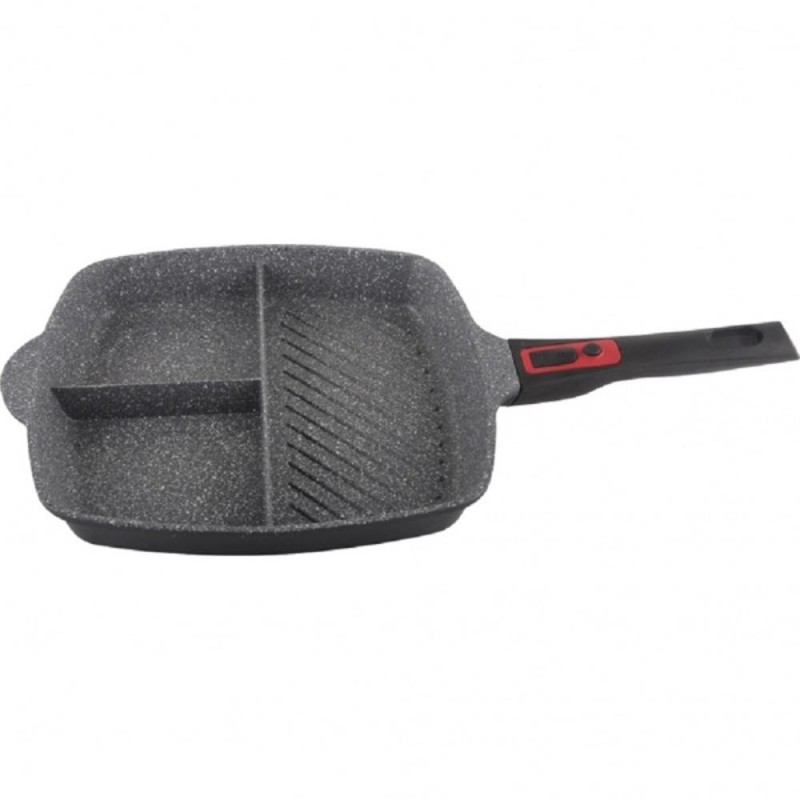 Tigaie Grill 3In1 din Aluminiu, Diametru 28 cm, Compatibil Inductie, Interior Granit, Maner Detasabil