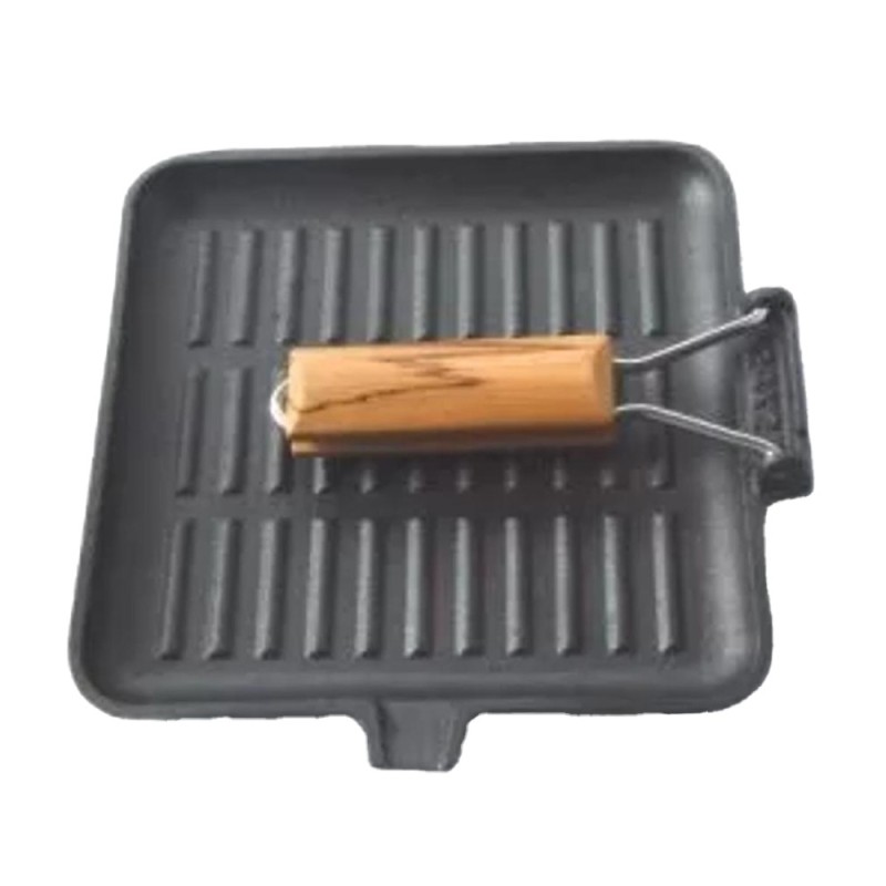 Tigaie Grill din Fonta, 26 x 26 cm, cu Maner din Lemn, Perfect Home