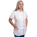 Tunica Medicala Dama Ema Premium, Maneca Scurta, Inchidere Capse, 2 Buzunare, Alb Bordura Roz Inchis, XS