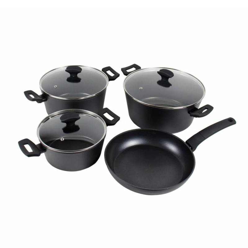 Vase din Aluminiu, Capace din Sticla Termorezistenta, Strat Neaderent, Compatibile cu Plita cu Inductie, 7 Bucati