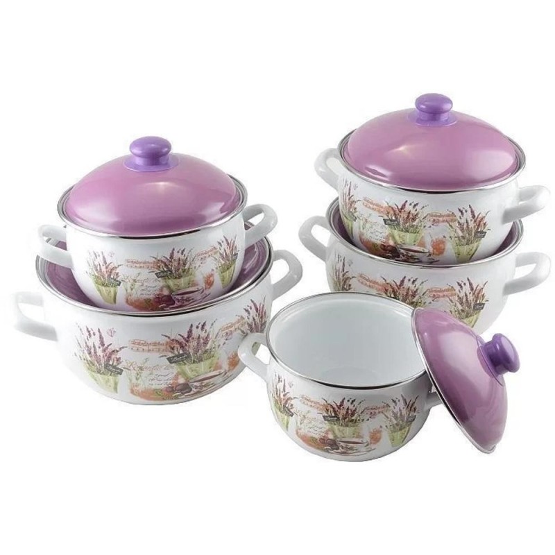 Vase Emailate pentru Gatit, 10 Piese, cu Capace, Levendula, Alb