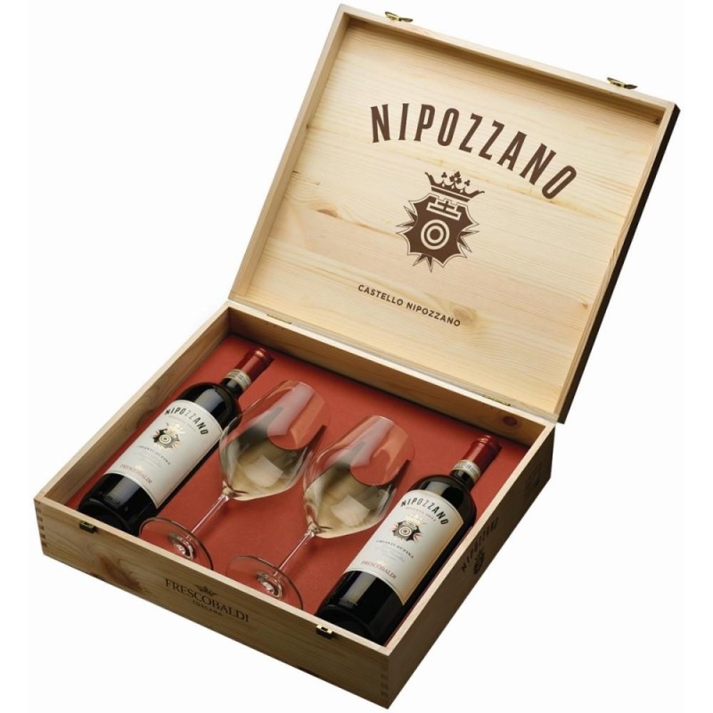 Vin Rosu Frescobaldi Nipozzano Riserva Chianti DOCG, Sec, 2 Sticle + 2 Pahare In Cutie Lemn