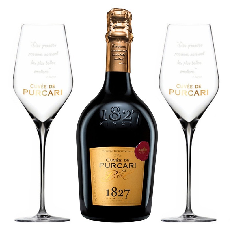 Vin Spumant Cuvee de Purcari Alb Sec Classic Brut, 0.75 l + 2 Pahare