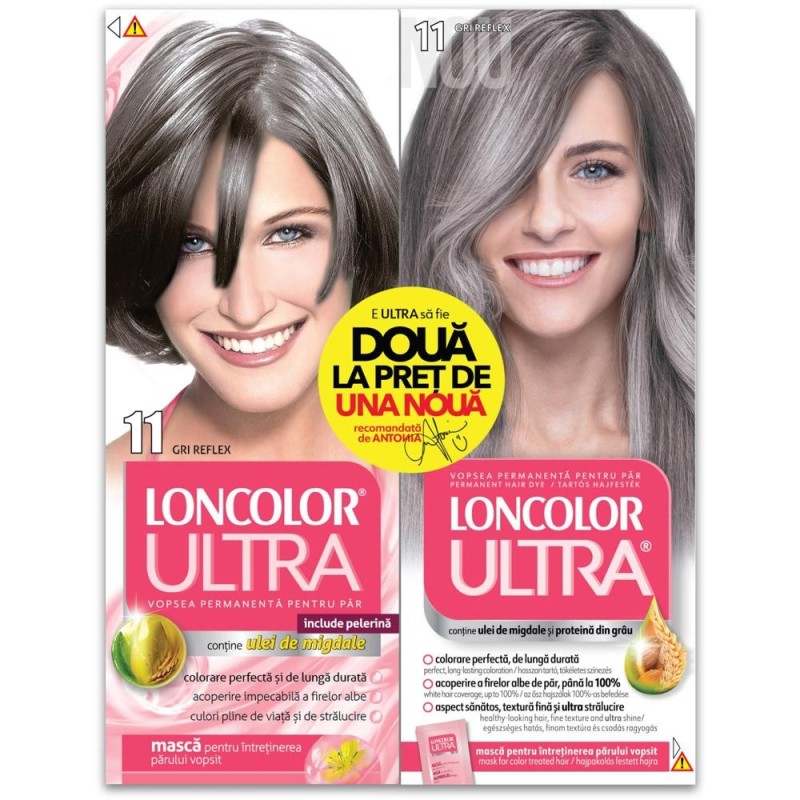 Vopsea de Par Permanenta, 11 Gri Reflex, 200 ml x 2 Bucati, Loncolor Ultra
