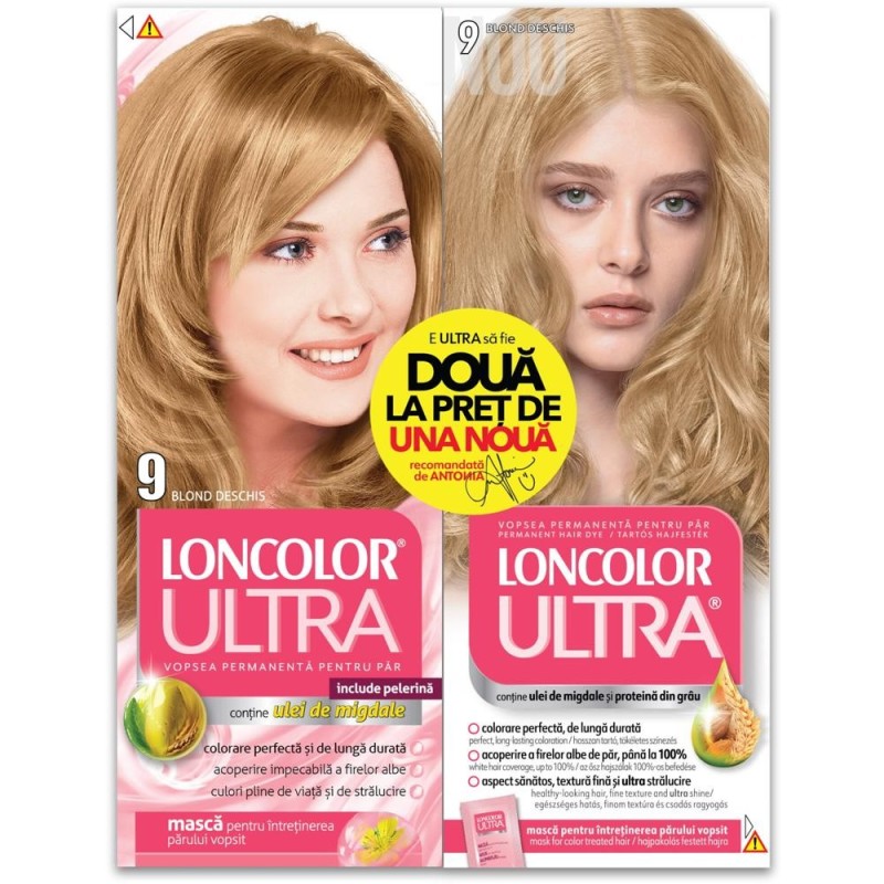 Vopsea de Par Permanenta, 9 Blond Deschis, 200 ml x 2 Bucati, Loncolor Ultra