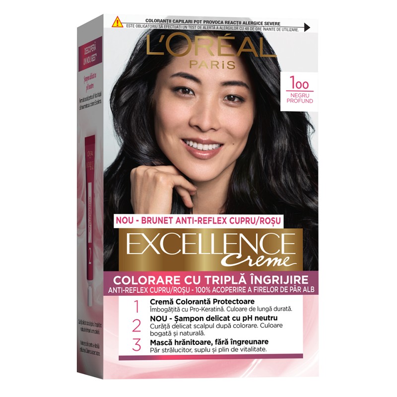 Vopsea de Par Permanenta cu Amoniac L'Oreal Paris Excellence Creme 1 Negru, 192 ml