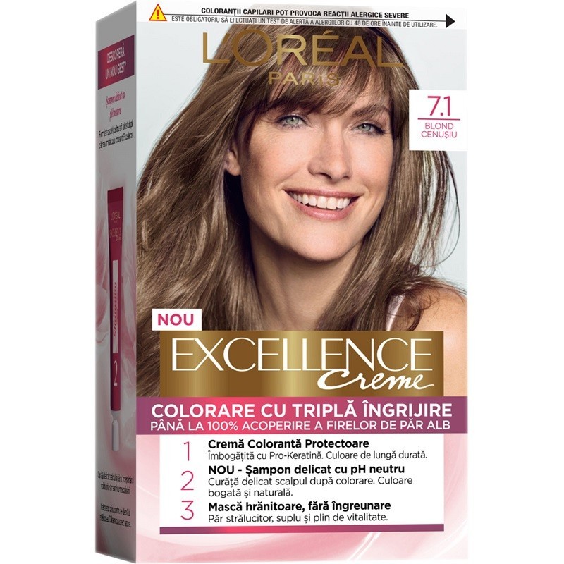 Vopsea de Par Permanenta cu Amoniac L\'Oreal Paris Excellence Creme 7.1 Blond Cenusiu, 192 ml