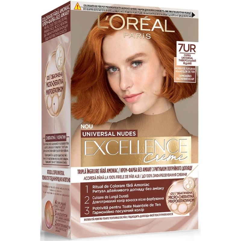 Vopsea de Par Permanenta fara Amoniac L\'Oreal Paris Excellence Universal Nudes Reds, 7UR Cupru Universal, 192 ml