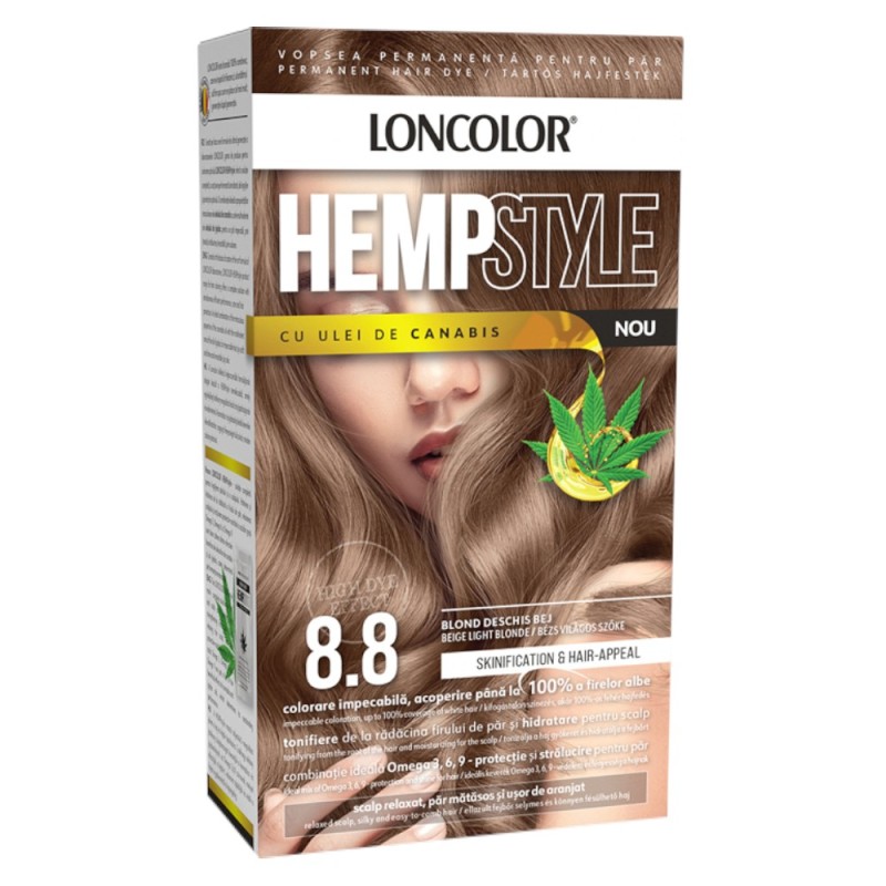 Vopsea de Par Permanenta Loncolor Hempstyle cu Ulei de Canabis, 8.8 Blond Deschis Bej, 100 ml