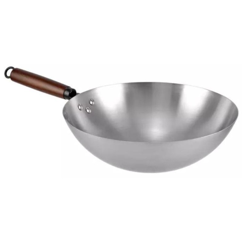 Wok Traditional Chinezesc din Fier, 32 cm, Grosime 1.3 mm, Maner din Lemn de Fag, Perfect Home